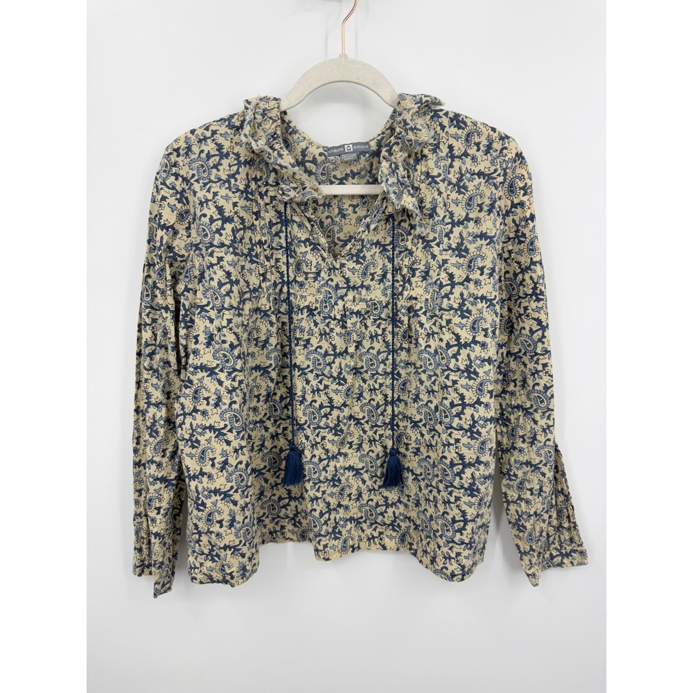 Shade Amour Paisley Block Print Blouse Womens Small Blue Tassel Ruffle Top‎